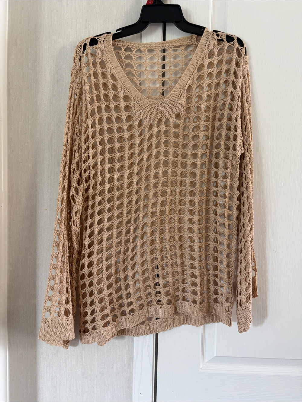 Beige Open-Knit V-Neck Sweater Top